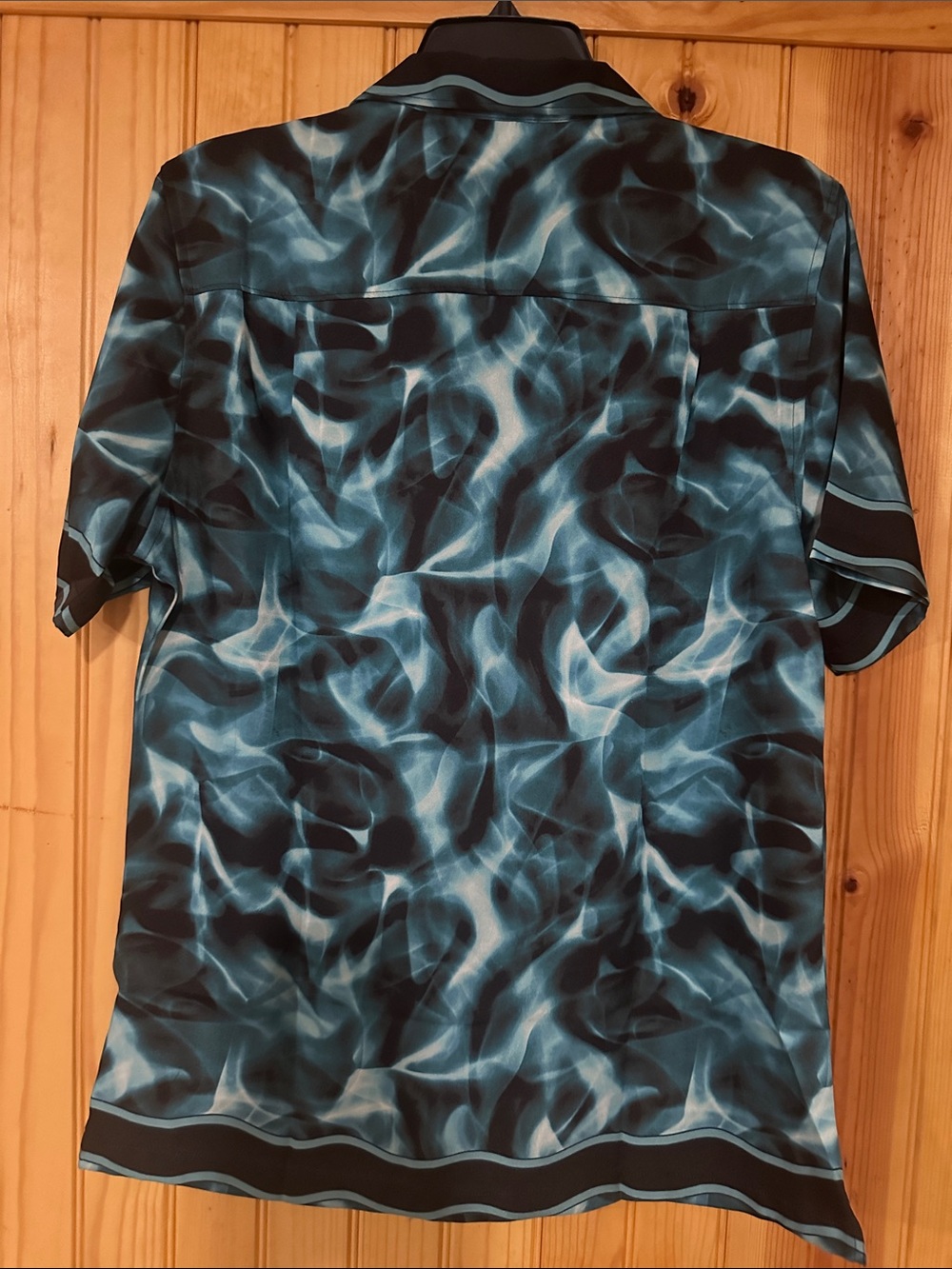 Murano Teal Blue Black slim fit water print short sleeve woven camp shirt NWT - Picture 9 of 9